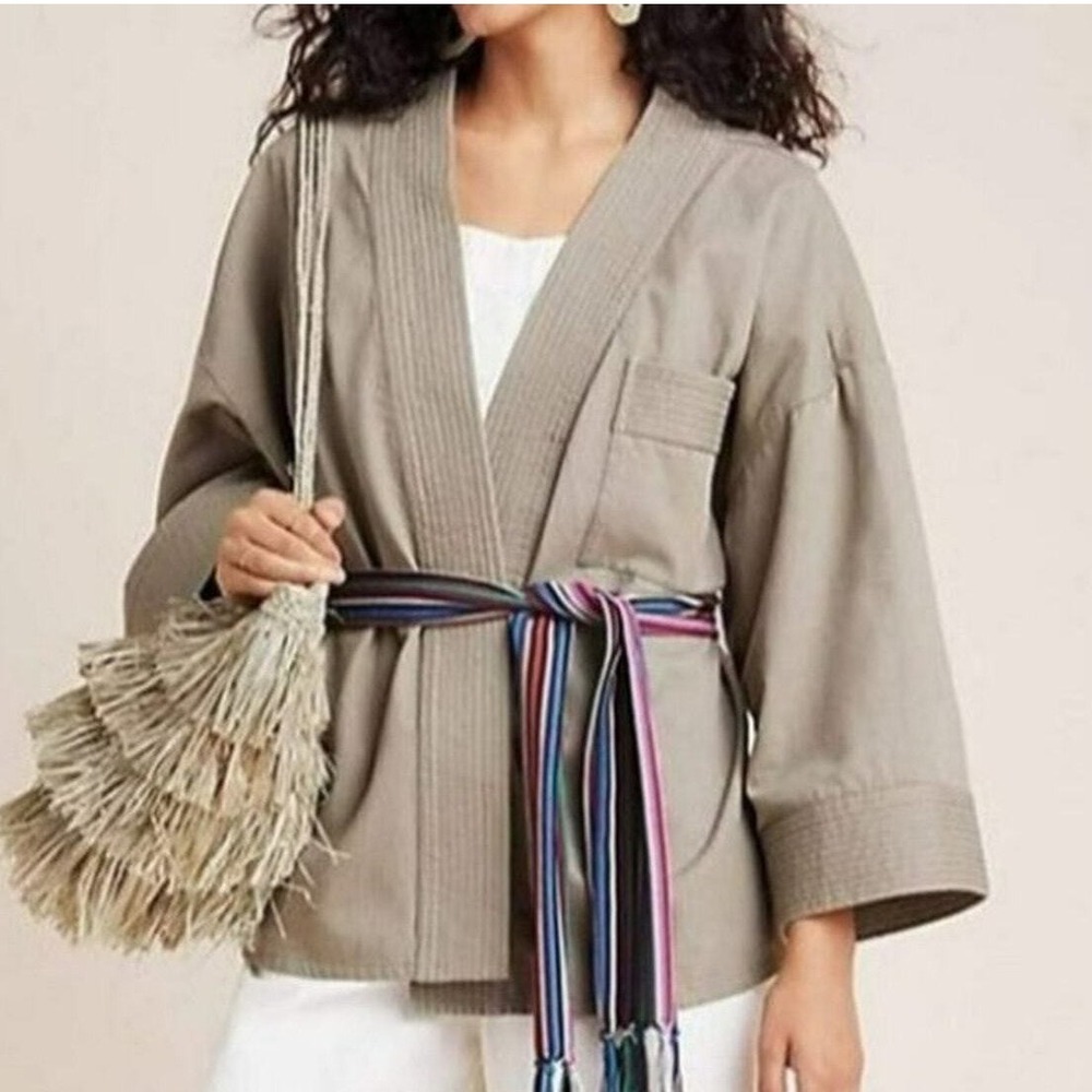 ARYESSA Women's Med Khaki Cotton Kimono Jacket‎ Belted Open Front Artsy Boho